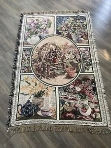 Judy Brushwell Vintage Überwurf Wandteppich 68x44 Blumen Fransen Retro Decke Landhaus - Bild 1 von 7