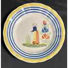 Vintage 1918-1942 HB Quimper France Fluted Edge Plate Breton Woman Blue/Yellow 