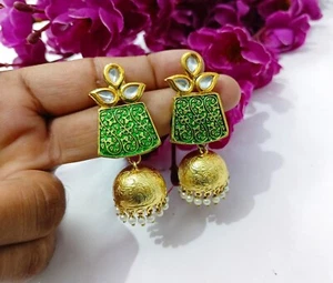 Indian Pearls Earrings Pierced Green Meena Gold Plated Kundan Jhumki Wedding Set - Picture 1 of 5