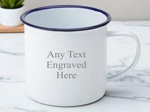 Personalised Enamel Camping Mug 13.5oz Any Message Engraved White Blue Rim - Picture 1 of 2