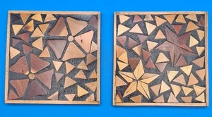 Vintage Ecuador gemischt Hartholz Teak Holz Mosaik Untersetzer Fliese Blumen & Sterne Kunst - Bild 1 von 6