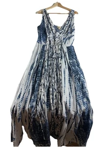 MICHAEL Michael Kors L Blue White Tie Dye Smocked Sleeveless Boho Maxi Dress - Picture 1 of 12