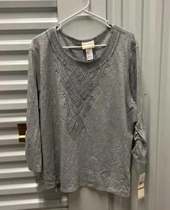 Alfred Dunner Embroidered Scroll Bell Sleeve Top Size 3X Gray Embellished - Picture 1 of 6