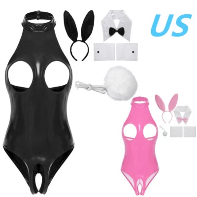 Women Sexy Bunny Cosplay Bodysuit with Rabbit Ears Collar Cuffs and Tail Set - Image 1 of 4