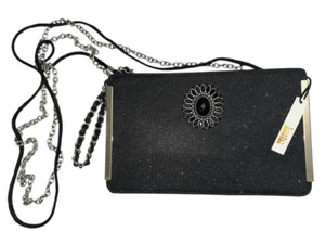 Kate Landry Purse Black Metallic Bling Clutch Evening Bag Shoulder Wrist Chain - Picture 1 of 6