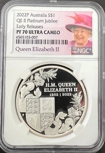 Queen’s Platinum Jubilee 2022 1oz Silver Proof Coin $1 H.M. Q. Elizabeth II PR70 - Picture 1 of 2