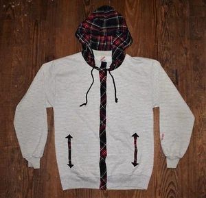 Vintage 90s Jerzees Striped Plaid Snap Up Hoodie Sweatshirt T Shirt VTG Size L - Picture 1 of 6