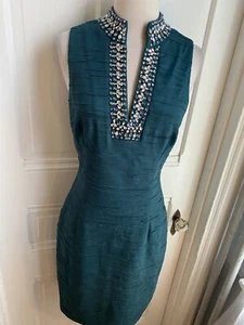 ELIZA J GREEN CRINKLE BEADED TOP PARTY SHEATH DRESS-DEEP V-NECKLINE-SIZE10!! - Picture 1 of 10