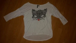 Weiß-Schwarz "H&M" Diamanten Katze Print Langarmshirt Longsleeve Pullover in 42 - Bild 1 von 4