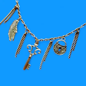 STEAMPUNK PADLOCK WING & SKELETON KEY NECKLACE tassel cluster chain bronze E5 - Picture 1 of 3