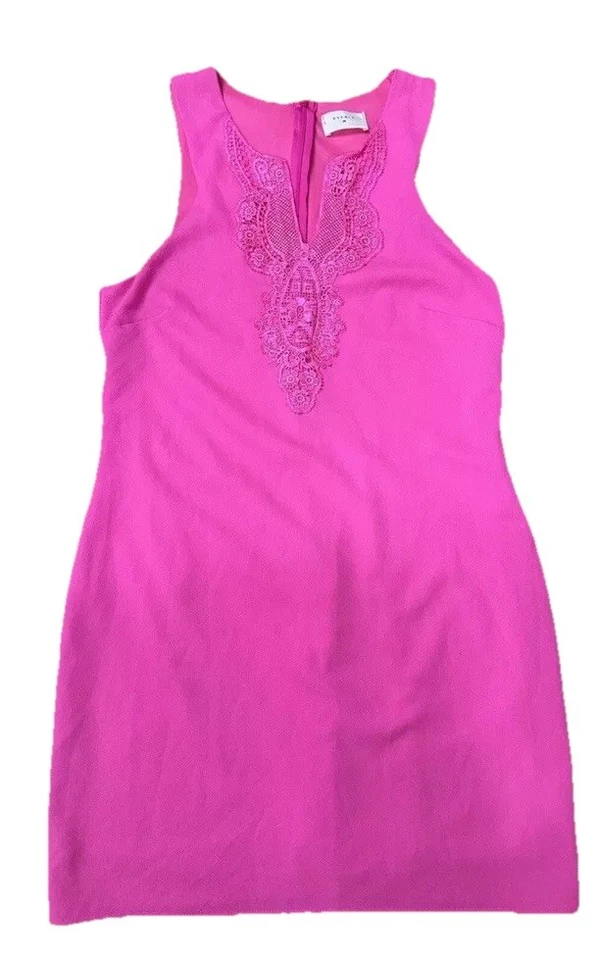 Anthropologie Everly Sz Medium Dress Bright Pink Shift Sheath Embroidered Barbie - Image 1 of 4