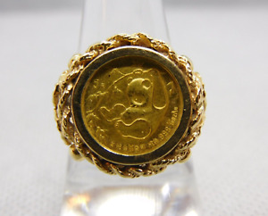 14K Yellow Gold Ring with 1/20th oz Gold Panda Coin Year 1985  Size 7.25   7.3g