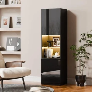 Pantry Storage Cabinet with LED Lights 63"Tall 2Door Wood Cupboard Hutch Cabinet - Picture 1 of 8