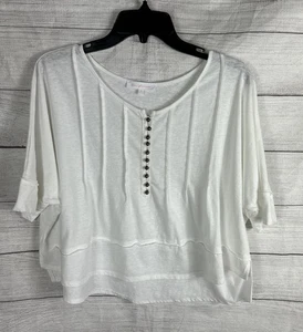Ces Femme Boxy Crop Top Shirt Gr. L weiß Stretch Gold Knopf Boho künstlerisch Freizeit - Bild 1 von 7