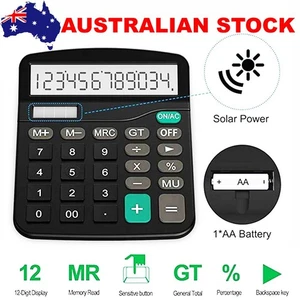 12 Digit Display Desk Basic Calculator Dual Power Calculator Desktop Black Large - Picture 1 of 5