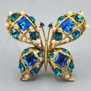 Eisenberg Ice Blue Teal Square Rhinestone Faux Pearl Butterfly Gold Tone Brooch - Picture 1 of 12