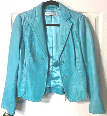 Jaqueta Blazer Feminina Vintage Y2K Dana Buchman Couro Genuíno Turquesa - Imagem 1 de 3