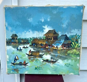 Pintura al óleo tailandesa vintage sobre lienzo mercado flotante escena del río Impasto firmada - Imagen 1 de 9