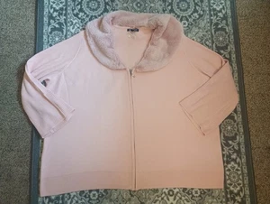 Roamans Fur Collar Zip Cardigan Sweater 3X Pink Mob Wife Cozy Elegant NWT - Picture 1 of 12
