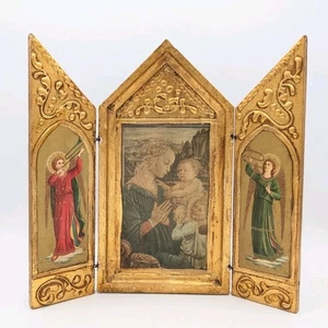 Tríptico Icono Vintage Italiano Florentino Madera Virgen María Bebé Jesús Ángeles 9" - Imagen 1 de 12