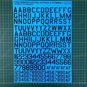 USAF Moderne Schablone Buchstaben & Zahlen schwarz Maßstab 1/32 Aufkleber Druck Maßstab 32-003 - Bild 1 von 4