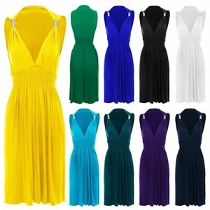 New Womens Ladies Sleeveless Jersey Spring Coil Short Dress Evening Plus Sizes - Picture 1 of 23