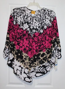 Ruby Road XL Fuchsia / Black / White Floral Print Chiffon Top Blouse NWT - Picture 1 of 4