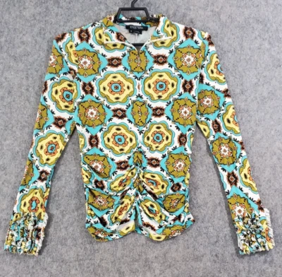 Etcetera Top 女式小号蓝色黄色绿色针织 1/4 拉链套衫荷叶边袖口 — 第 1/4 张图片