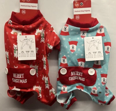 TWO Cute Dog Cat Pet Central Merry Christmas Winter Pajamas Outfits Size XS - Image 1 of 4