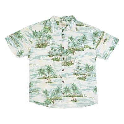 BULL HEAD Palm Tree Print Mens Hawaiian Shirt White Floral M - Image 1 of 4