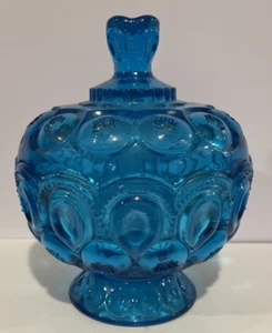Vintage LE Smith Moon And Stars Glass Candy Dish W Lid Blue 8” Scalloped Edges - Picture 1 of 18