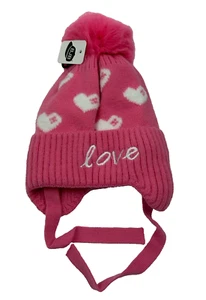 BJB Hearts Love Beanie Knit HAT Unisex Pom Pink Winter - Picture 1 of 4