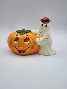 Lefton Halloween Tea Light Candle Holder Ghost Pumpkin Jack O Lantern 1986 Vtg - Picture 1 of 7