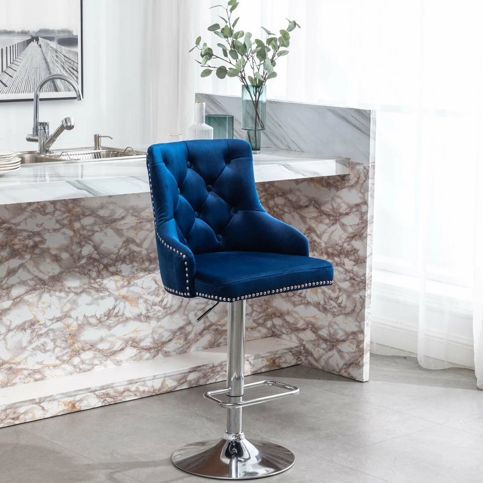 BTEXPERT Blue Velvet Stool Adjustable Swivel Counter Stool Tufted Tailhead Trim - Image 1 of 1