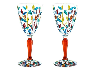 Pair of Murano Wine Glasses Multi Orange Stem Hand Painted Venice Made Italy - Image 1 of 4