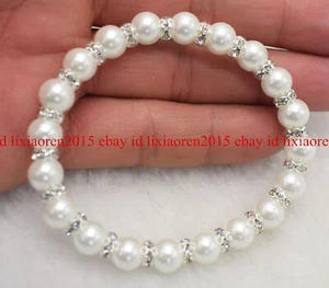 Natural 8mm White Shell Pearl & White Rhinestones Elastic Bracelet 7.5" AAA - Picture 1 of 12
