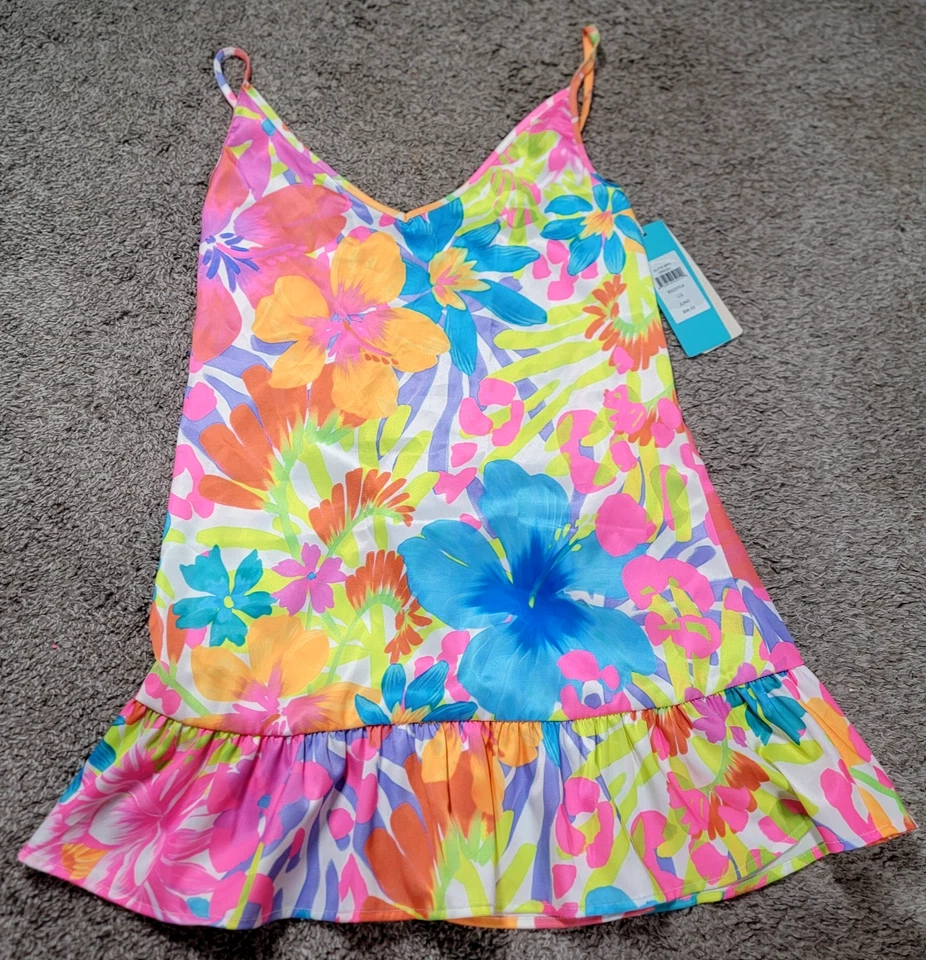 Beach Bunnys Traje de Baño Aliya Mini Vestido Rosa Neón Floral Natación Encubrimiento Talla Grande L Foto 1 de 4