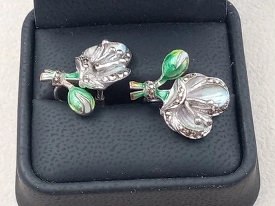ANTIGUOS Pendientes Flor Plata de Ley Tornillo Marcasita y Esmalte de Color Borde Foto 1 de 4