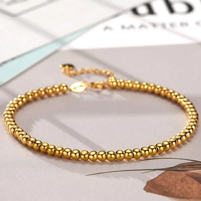 18K Solid Gold Luck Bead Chain Beaded Bracelet Cute Beautiful Elegant Jewelry - Image 1 of 4
