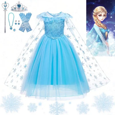 Princess Elsa Costume Girls Fancy Dress Up Lace Outfit Kids Party Birthday Gifts - Image 1 of 4