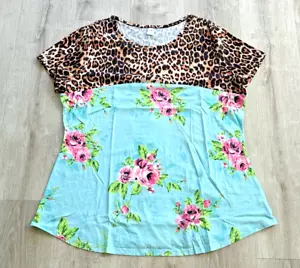 Beautiful Floral and Leopard Print Soft Stretchy Women's XL Summer Shirt Blue - Picture 1 of 6