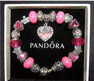 AUTHENTIC Pandora Bracelet Sterling Silver With Pink Love European Charms, Box - Picture 1 of 5