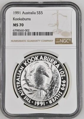 1991 Australian Silver Kookaburra, NGC MS 70, Original Strike - Image 1 of 2