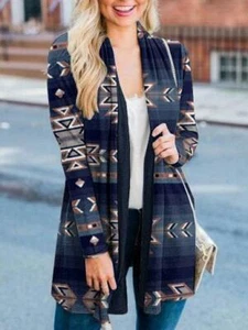 Aztec Ethnic Geometric Print L/S Cardigan Royal Blue Lightweight Jersey Sweater - Picture 1 of 1