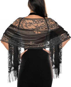 Women'S Floral Lace Scarf Shawl with Tassels, Formal Wraps Soft Mesh Fringe Wrap - Picture 1 of 12