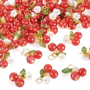 40x Red Cherry Charms Glass Resin Flower Pendants with Golden Ring 20.5x16.5x8mm - Picture 1 of 8
