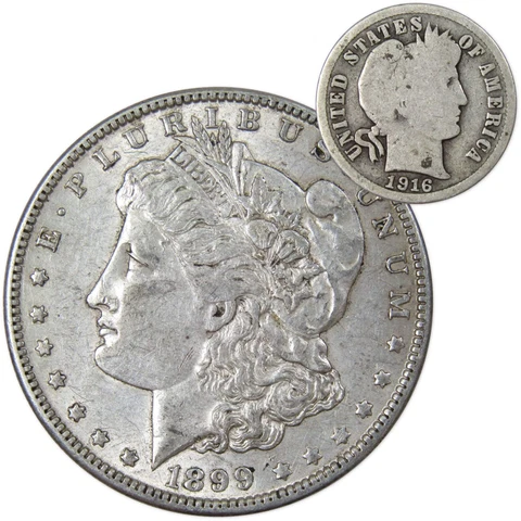 1899 O Morgan Dollar XF EF Extremely Fine with 1916 Barber Dime G Good Cover