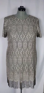 Vtg Womens Dress L XL Silver Fringe Shift Sheer Shimmer Mesh Gatsby Flapper NEW - Picture 1 of 17