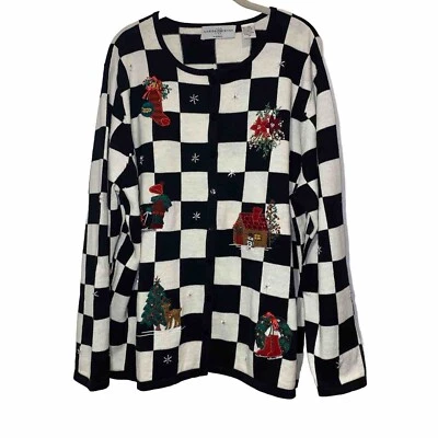 Vintage Marisa Christina Women’s Christmas Sweater Size 2X Black White Checkered - Image 1 of 4