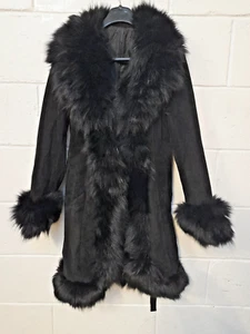 Genuine Black Suede Penny Lane Afghan Coat with Natural Black Fox Fur Trim Small - Picture 1 of 14